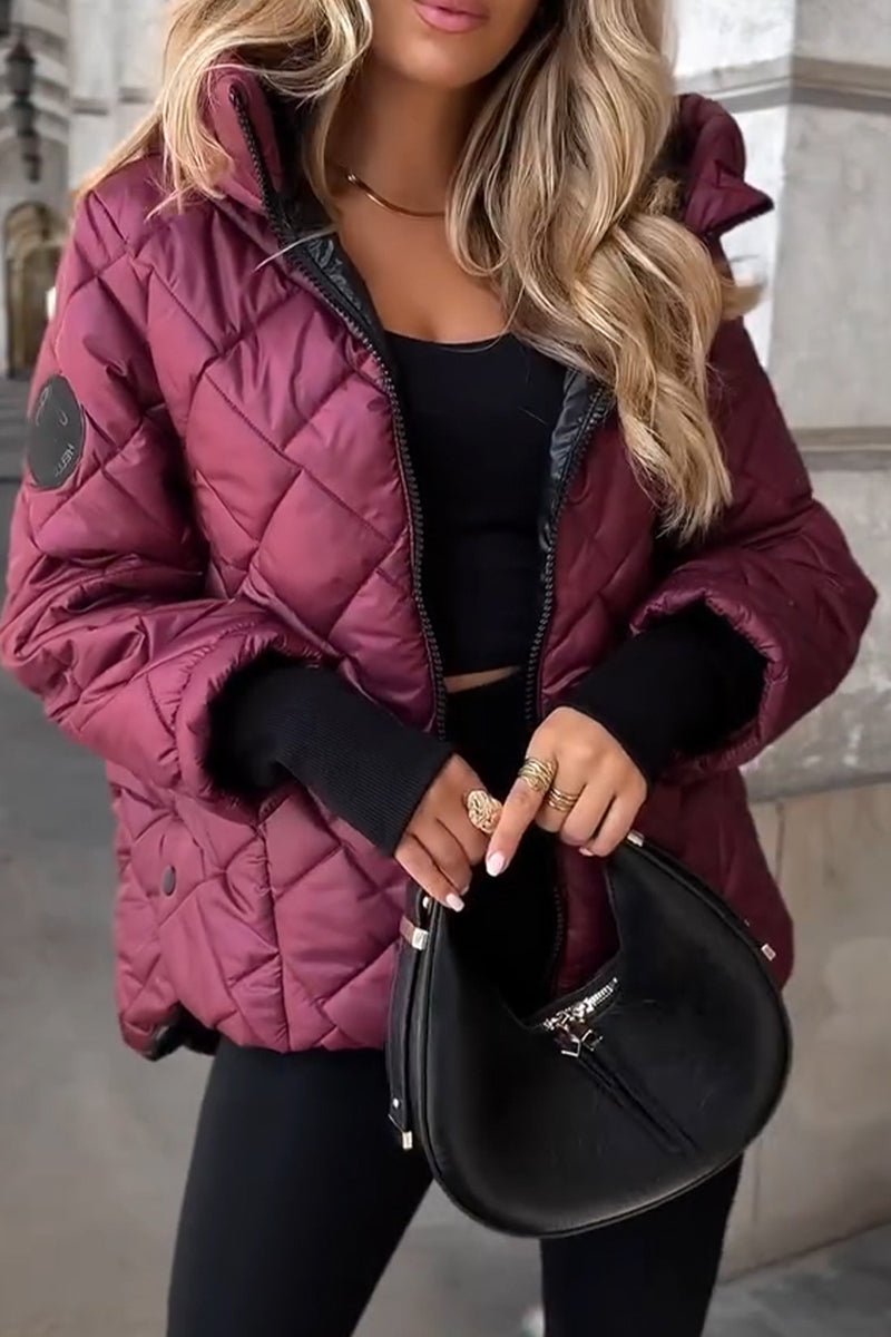 Adaline wine red quilted puffer jacket, close-up styling detail