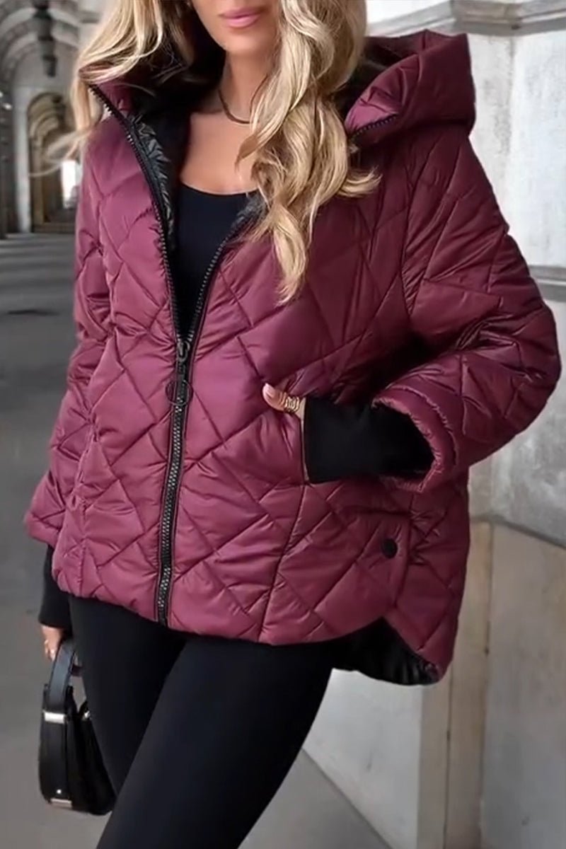 Adaline wine red hooded puffer jacket, full front view with hands in pockets