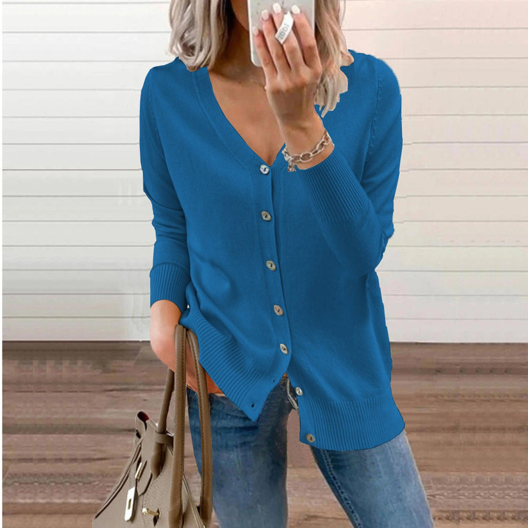 Adeline blue button front V-neck cardigan, front view