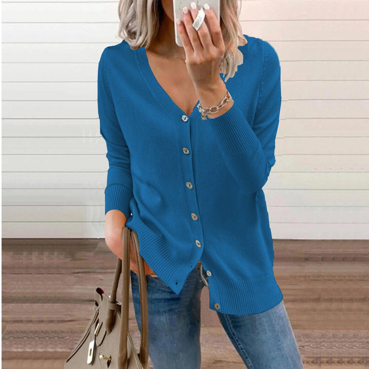 Adeline blue button front V-neck cardigan, front view