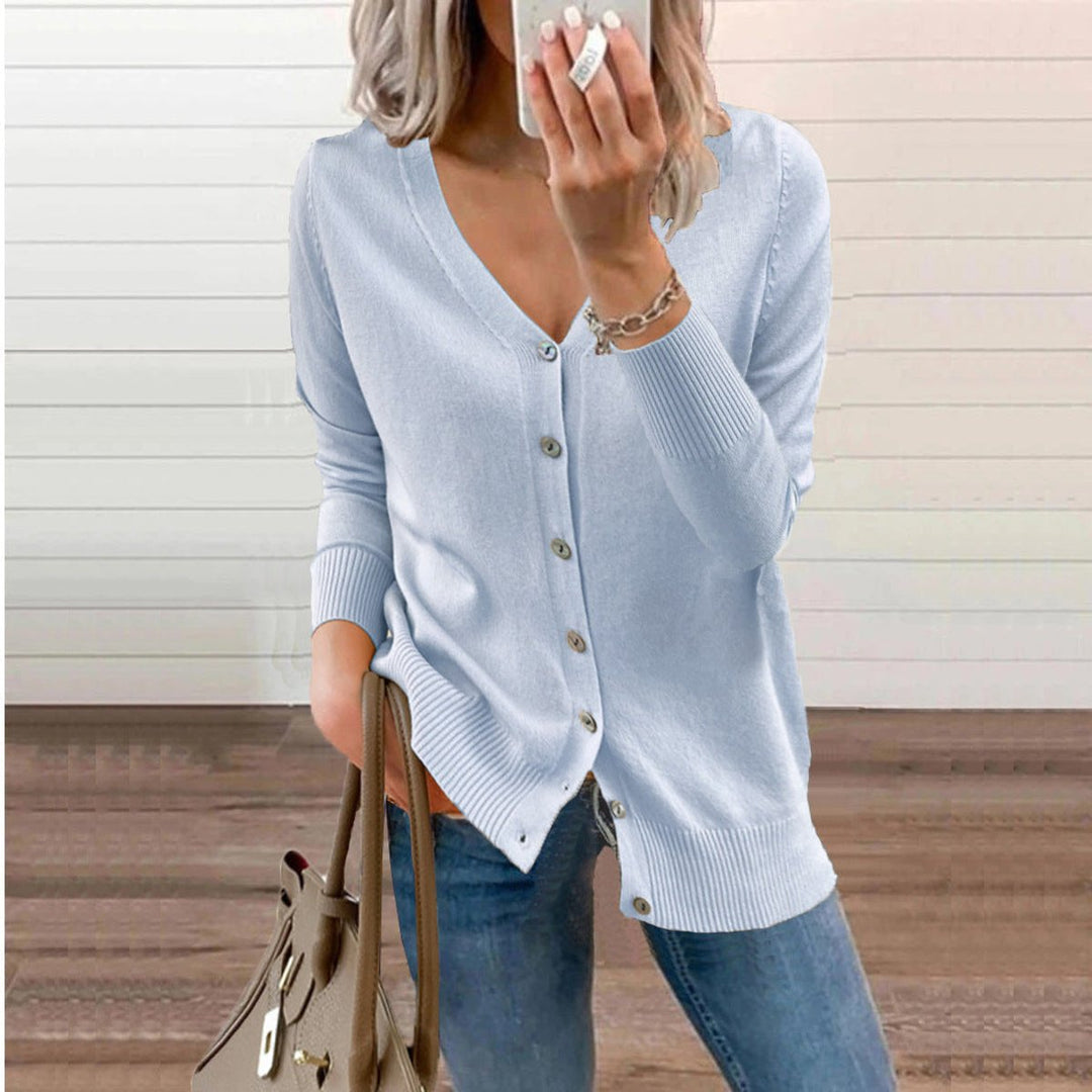 Adeline yellow button front V-neck cardigan, front view