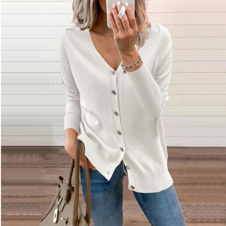 Adeline yellow button front V-neck cardigan, front view