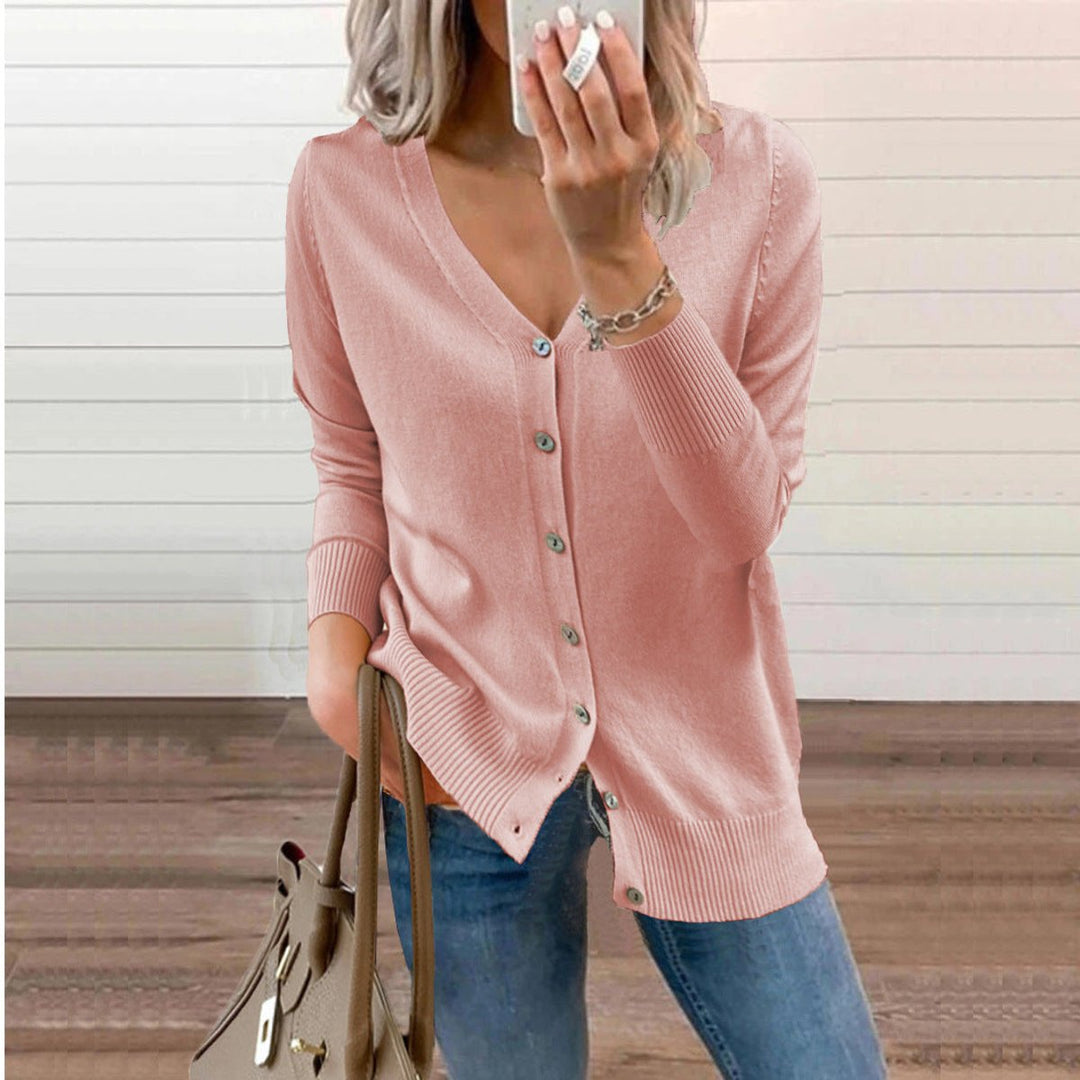 Adeline yellow button front V-neck cardigan, front view