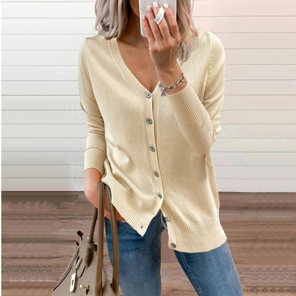 Adeline beige button front V-neck cardigan, front view