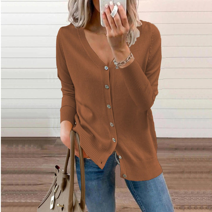 Adeline brown button front V-neck cardigan, front view