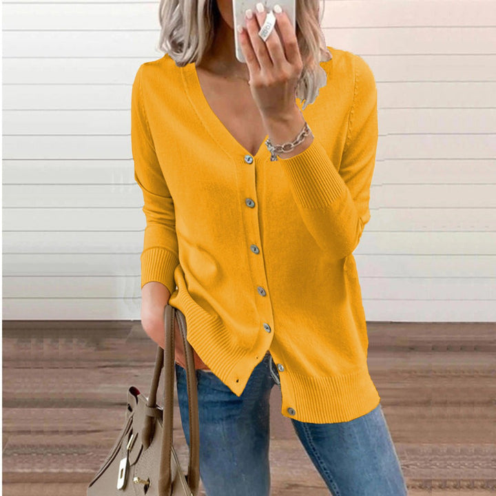 Adeline yellow button front V-neck cardigan, front view