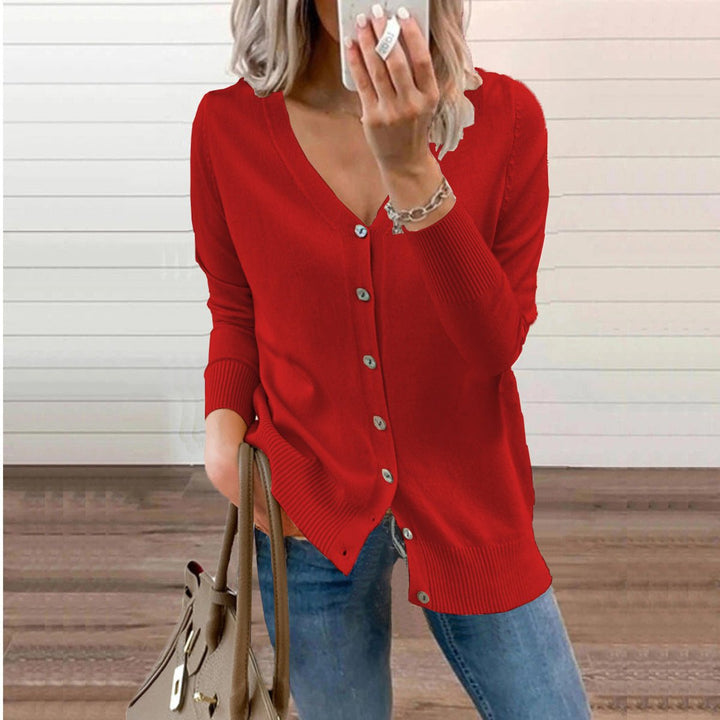 Adeline yellow button front V-neck cardigan, front view