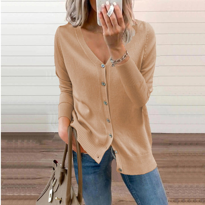 Adeline yellow button front V-neck cardigan, front view