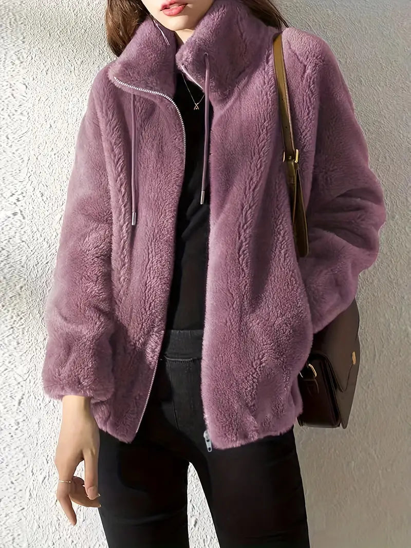 Alessandra textured teddy coat in mauve with stand collar, front view