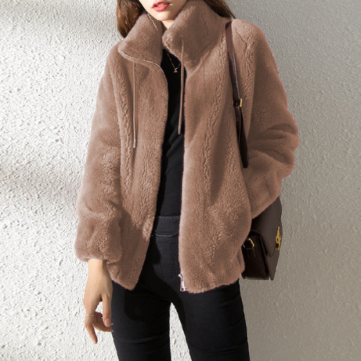 Alessandra textured teddy coat in taupe with drawstring zip detail