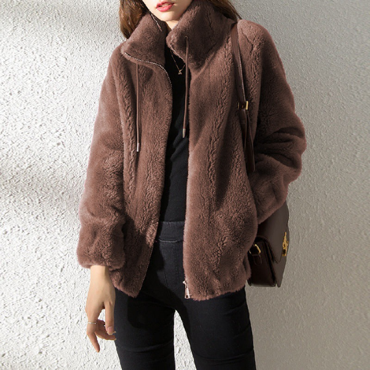 Alessandra textured teddy coat in brown, front view close-up