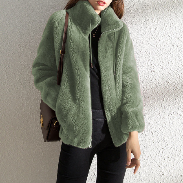 Alessandra textured teddy coat in green, front view