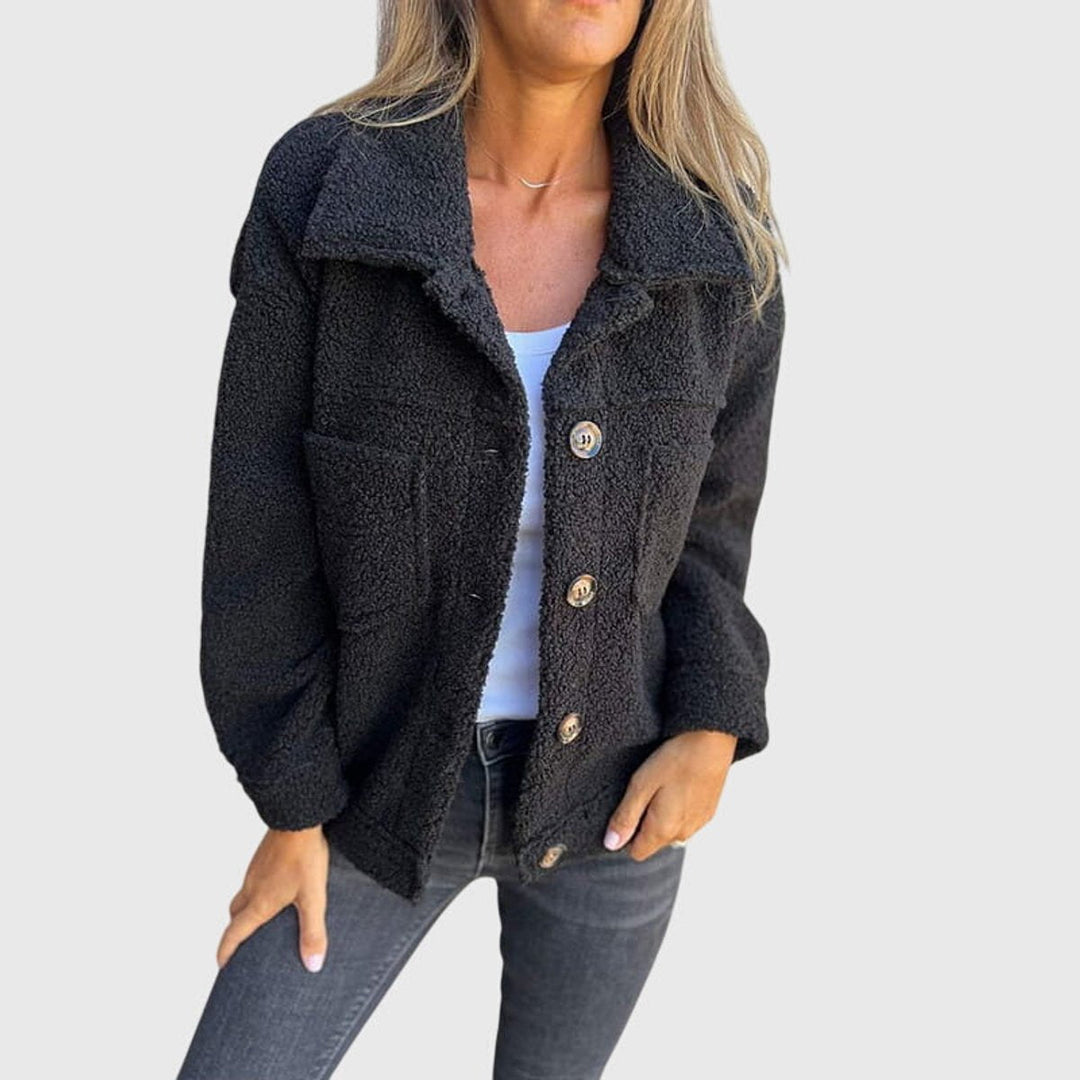 Amara black button-front sherpa fleece jacket, front view close-up