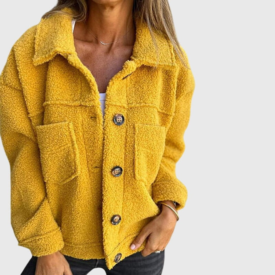 Amara yellow button-front sherpa fleece jacket, front view close-up