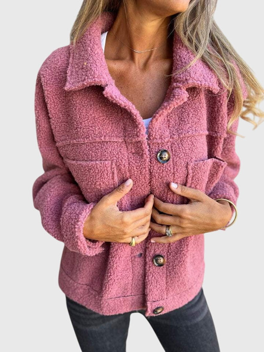 Amara pink button-front sherpa fleece jacket, front view close-up
