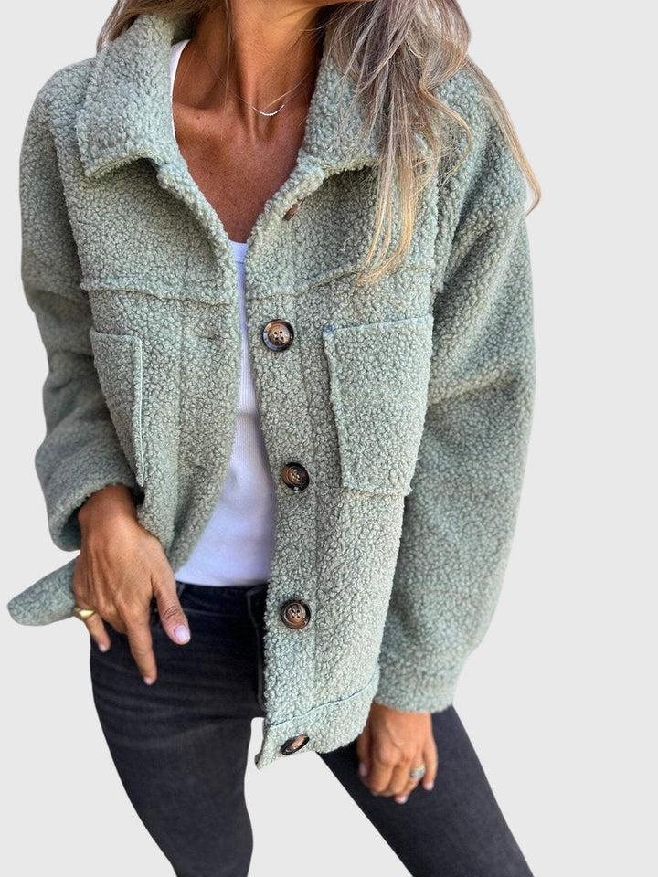Amara green button-front sherpa fleece jacket, front view close-up