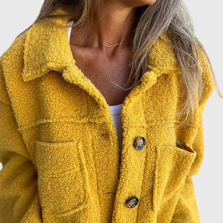 Amara green button-front sherpa fleece jacket, front view close-up