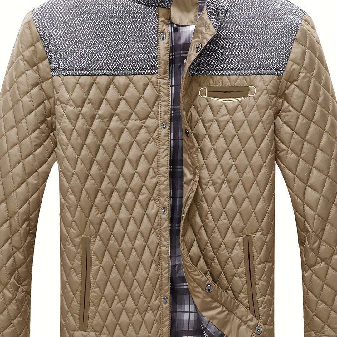 Anders quilted stand collar jacket in khaki, front view with open collar detail