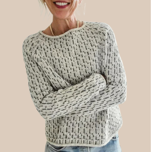 Annika textured knit crew neck sweater, front view close up on model
