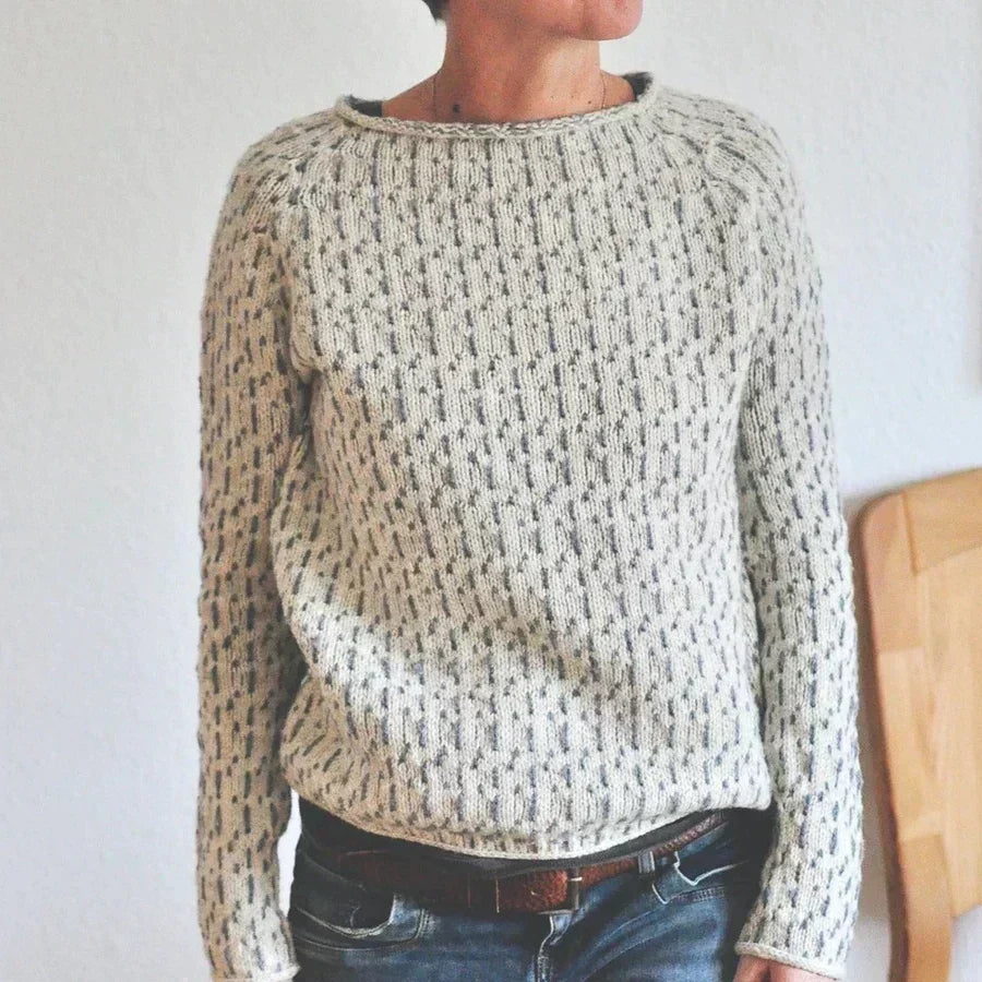 Annika cozy textured knit sweater styled with jeans, front view