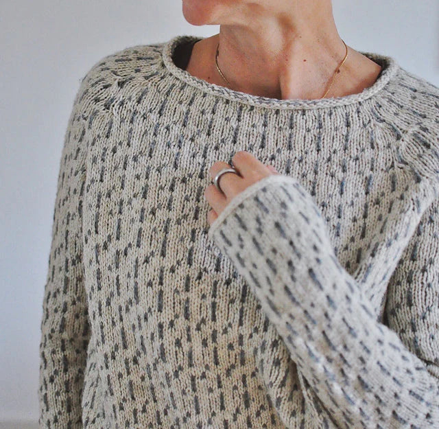 Annika textured knit sweater, close-up on crew neckline and sleeve