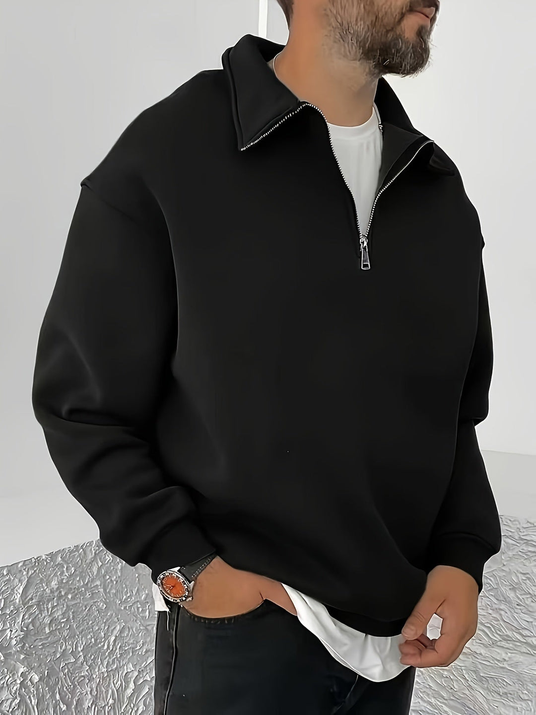 Barrett black quarter-zip sweatshirt, side profile view