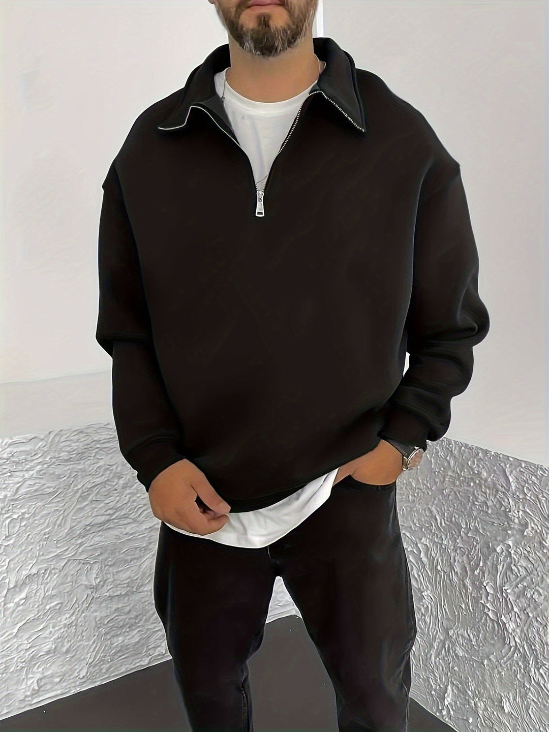 Barrett black quarter-zip sweatshirt, front view close up