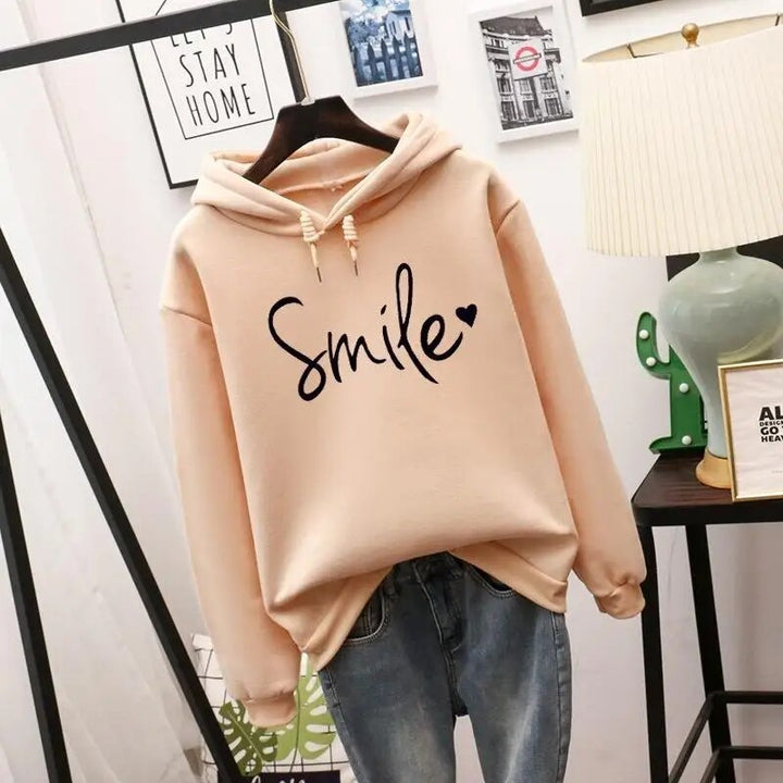 Bellamy graphic print drawstring hooded sweatshirt in beige, front view on hanger