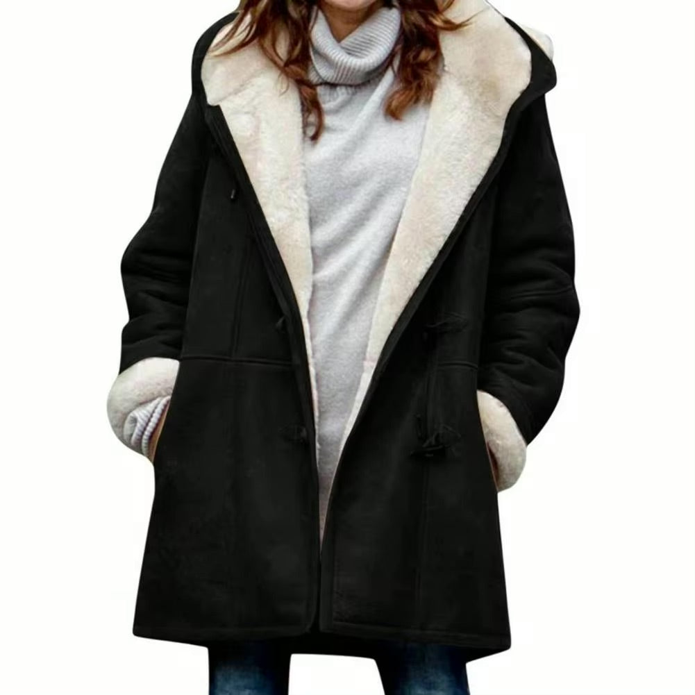 Bettina hooded toggle teddy coat in black, front view