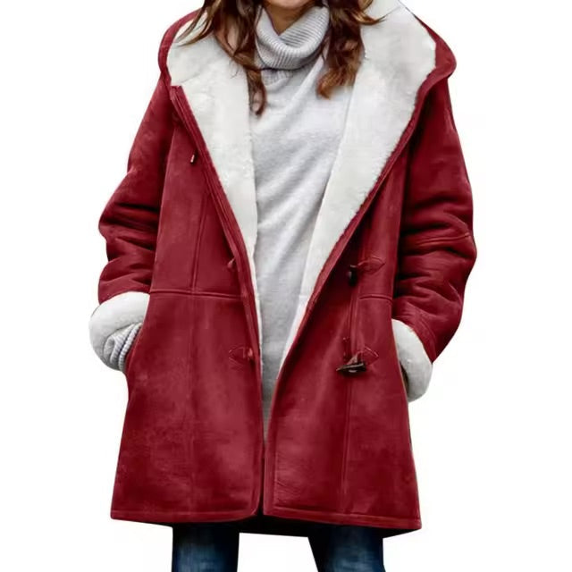 Bettina hooded toggle teddy coat in red, front view