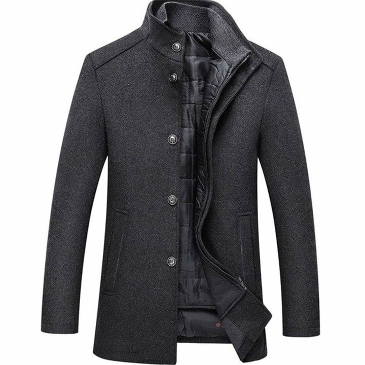 Callahan quilted lined wool coat in dark gray, front view with jacket open showing quilted liner