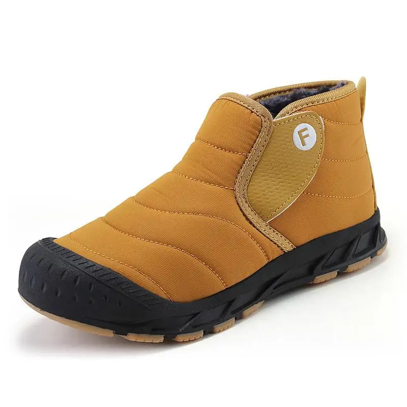 Callum fleece lined slip-on snow boots in mustard yellow, side angle view