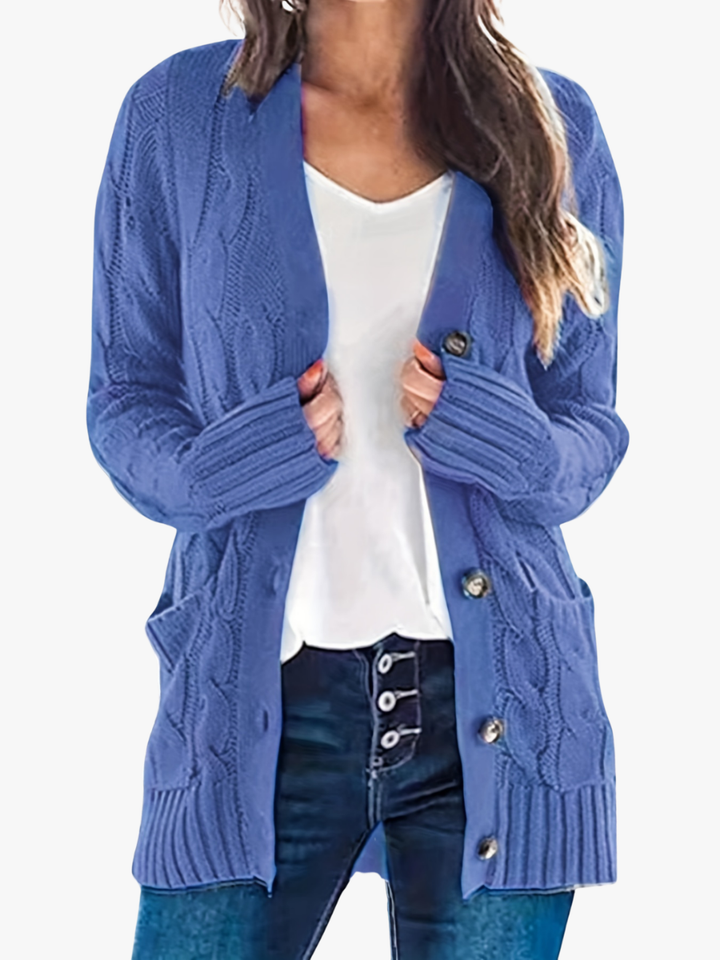 Camille cable knit button front cardigan in blue, front view close-up