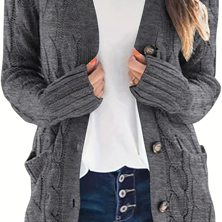 Camille cable knit button front cardigan in gray, side view with pocket detail