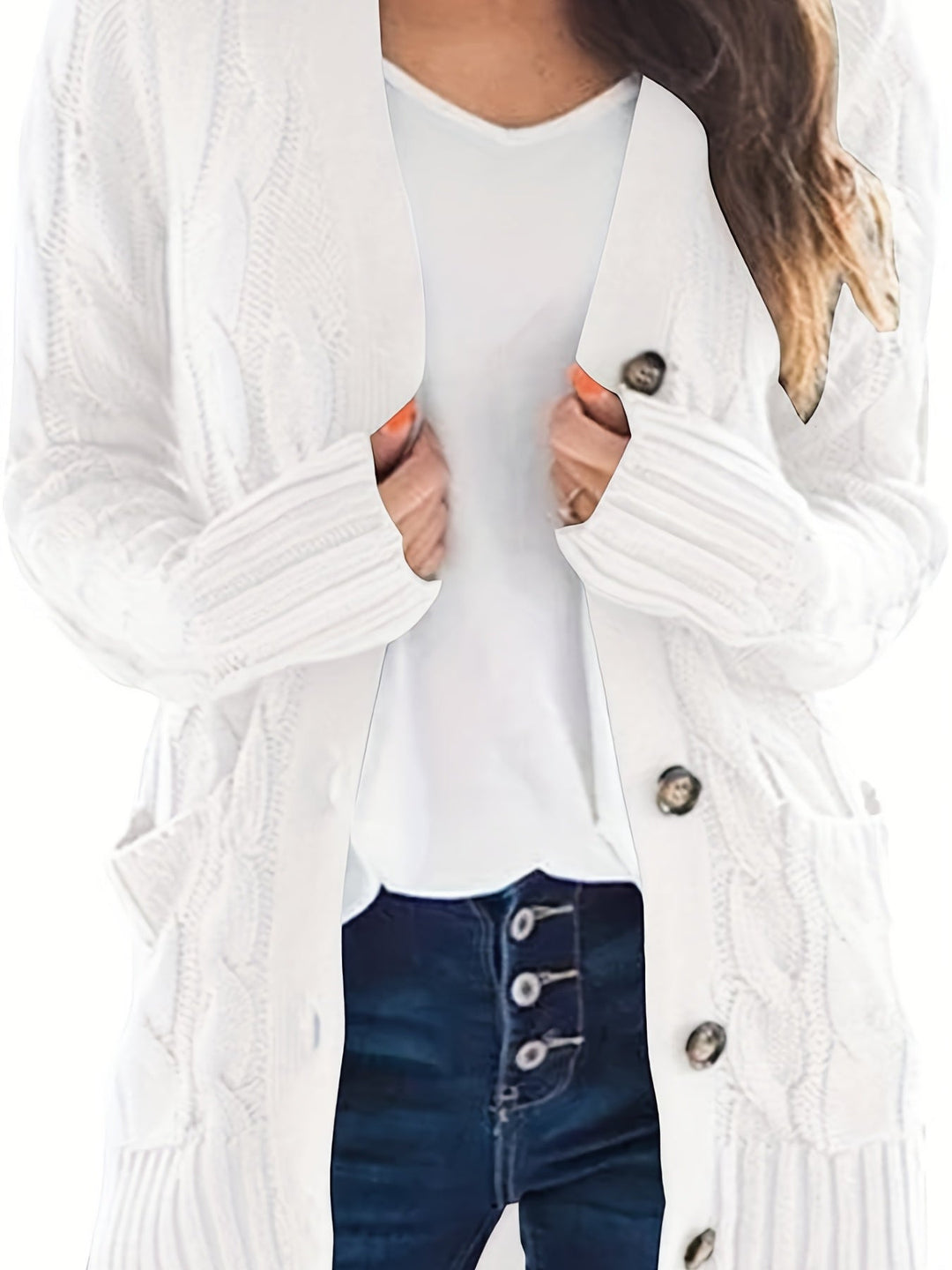 Camille cable knit button front cardigan in white, front view close-up