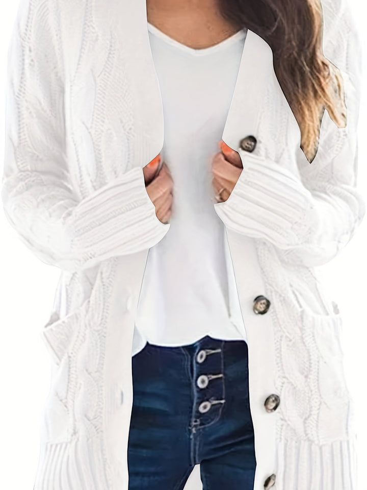 Camille cable knit button front cardigan in white, front view close-up