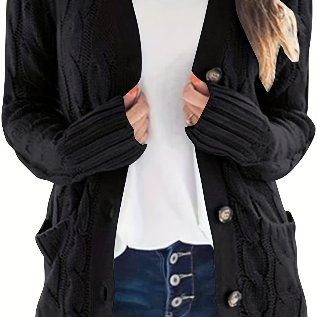 Camille cable knit button front cardigan in gray, side view with pocket detail