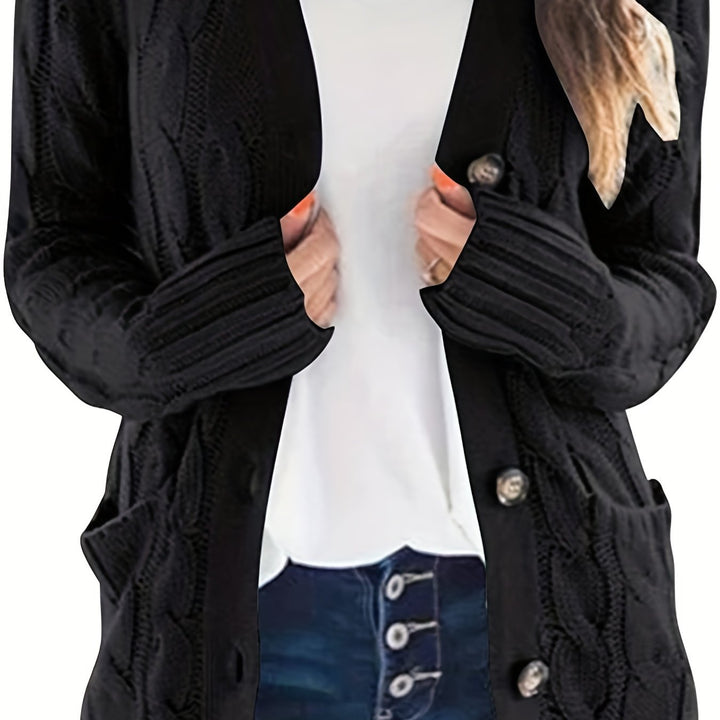 Camille cable knit button front cardigan in gray, side view with pocket detail