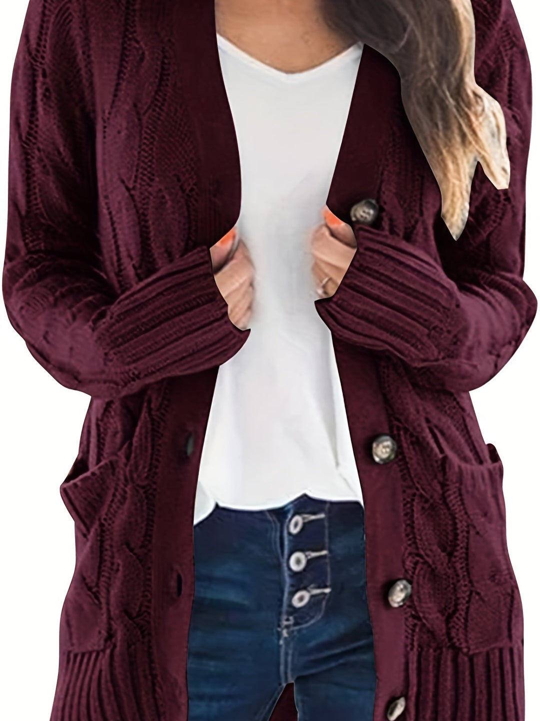 Camille cable knit button front cardigan in gray, side view with pocket detail