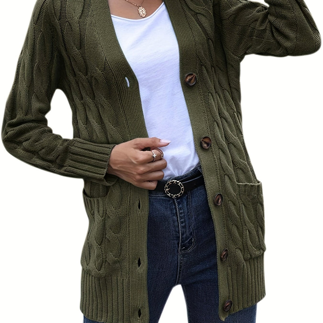 Camille cable knit button front cardigan in gray, side view with pocket detail