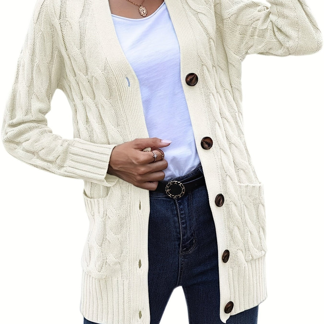 Camille cable knit button front cardigan in gray, side view with pocket detail