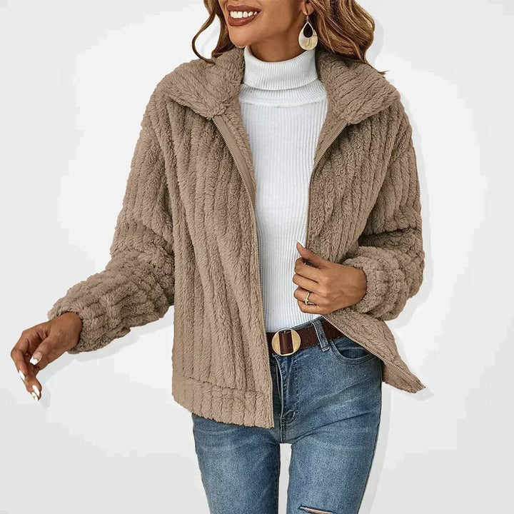 Cassandra fluffy zip-up sherpa jacket in khaki, front view