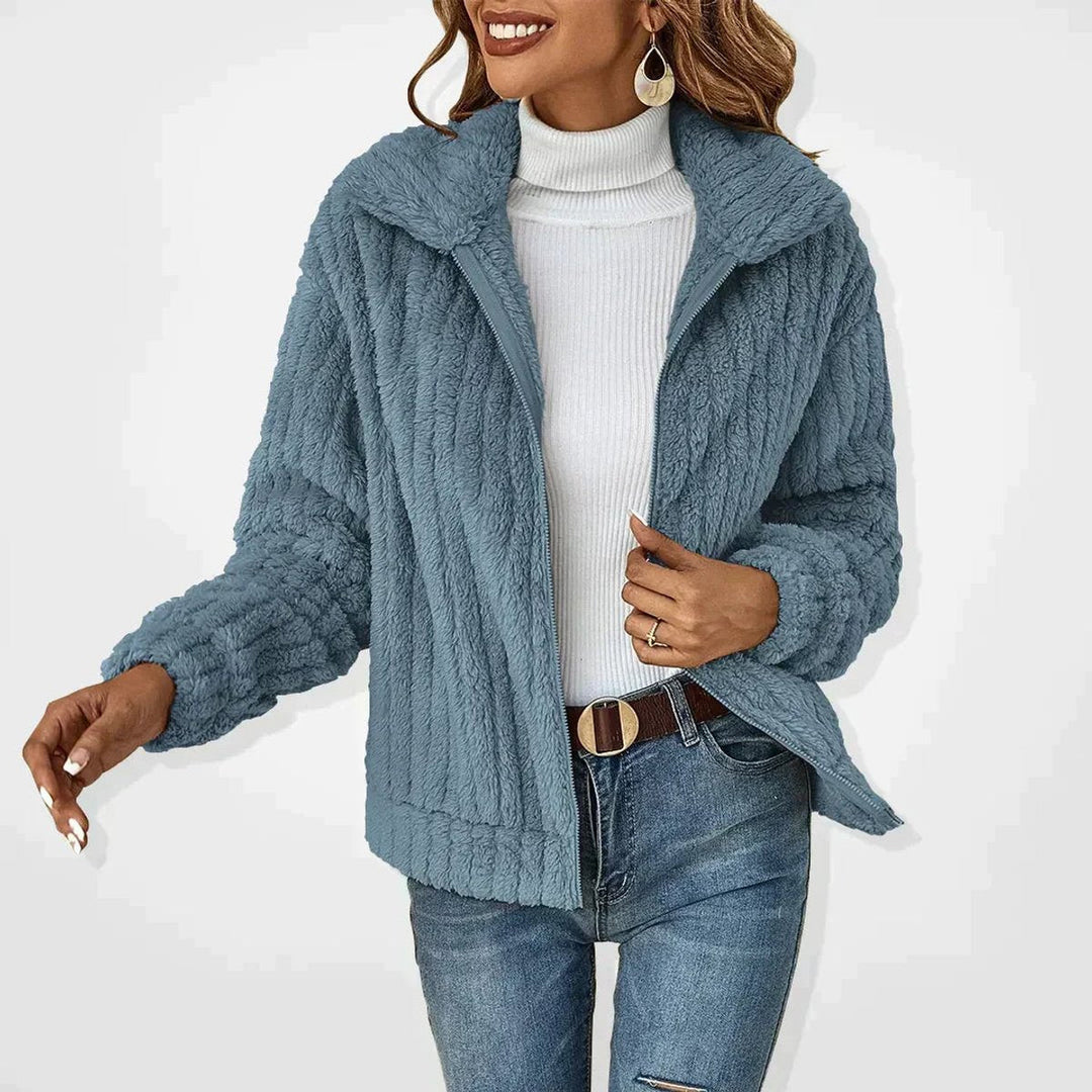 Cassandra fluffy zip-up sherpa jacket in blue, front view