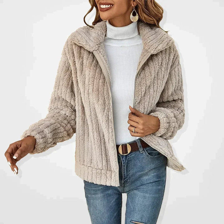 Cassandra fluffy zip-up sherpa jacket in beige, front view