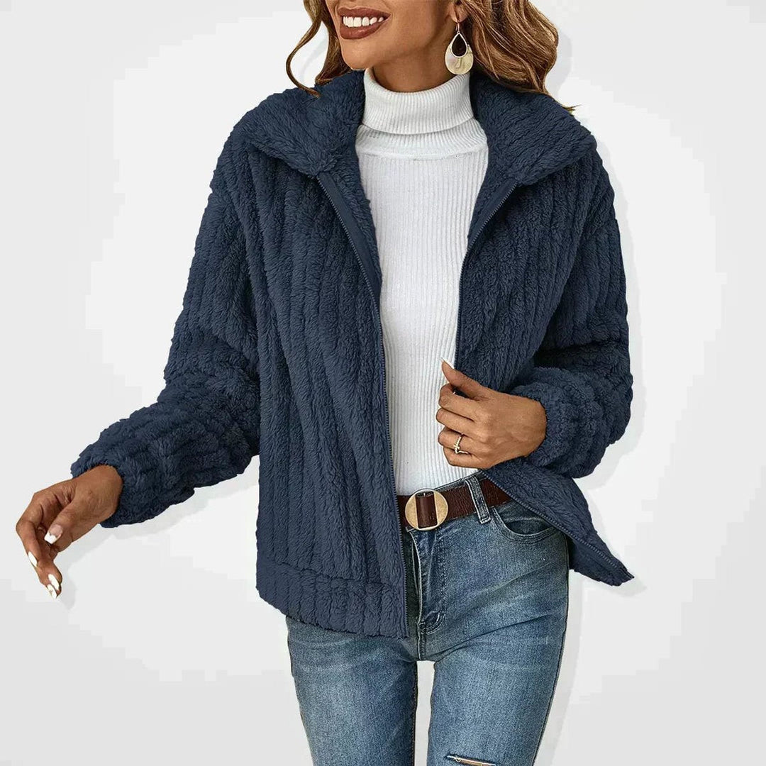 Cassandra fluffy zip-up sherpa jacket in navy blue, front view