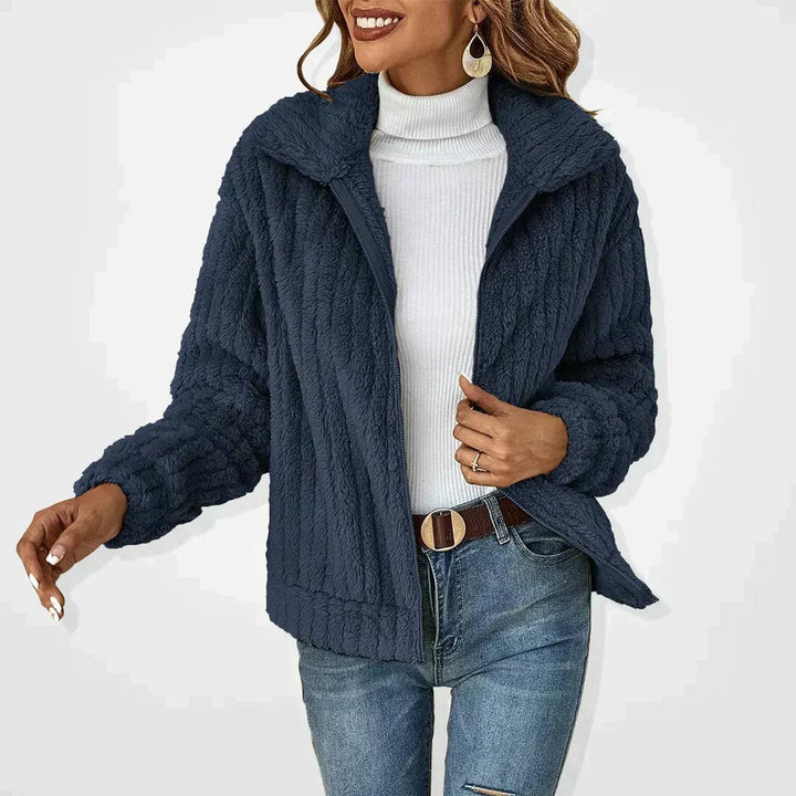 Cassandra fluffy zip-up sherpa jacket in navy blue, front view