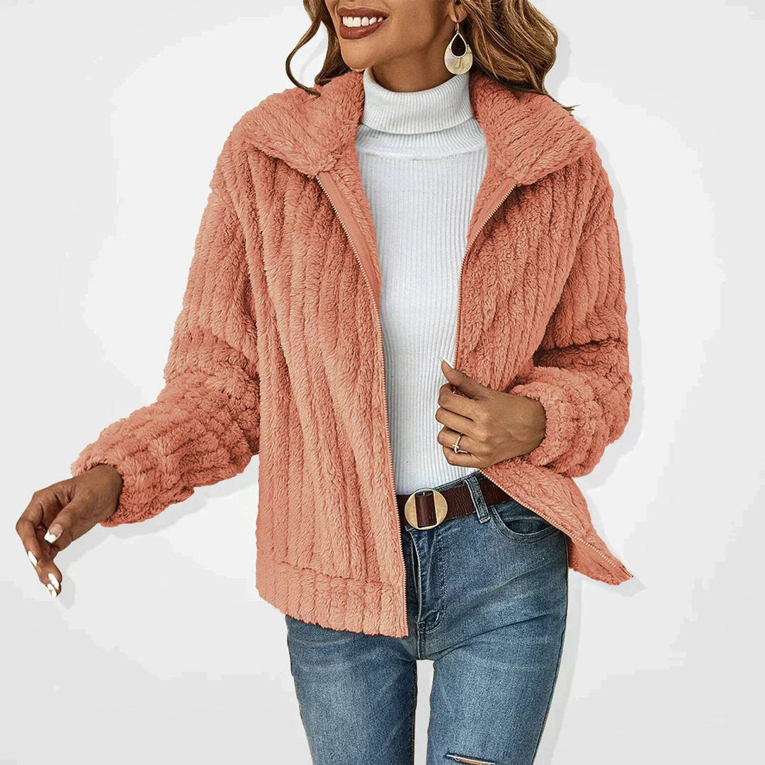 Cassandra fluffy zip-up sherpa jacket in navy blue, front view