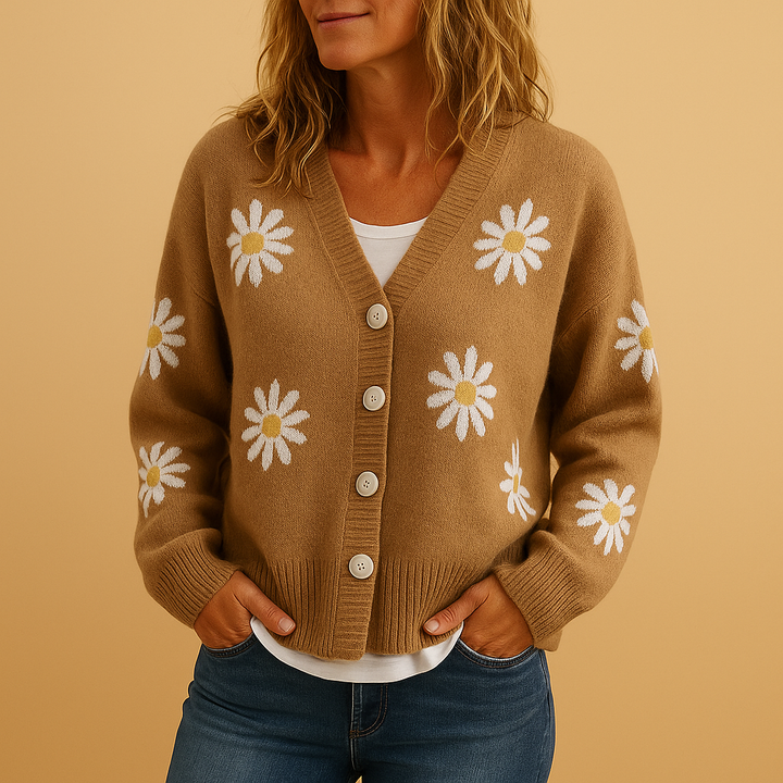 Clementine floral knit cardigan in khaki, close-up front view