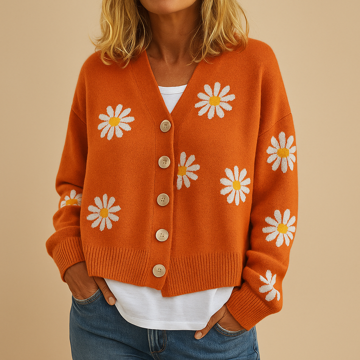 Clementine floral knit cardigan in orange, close-up front view