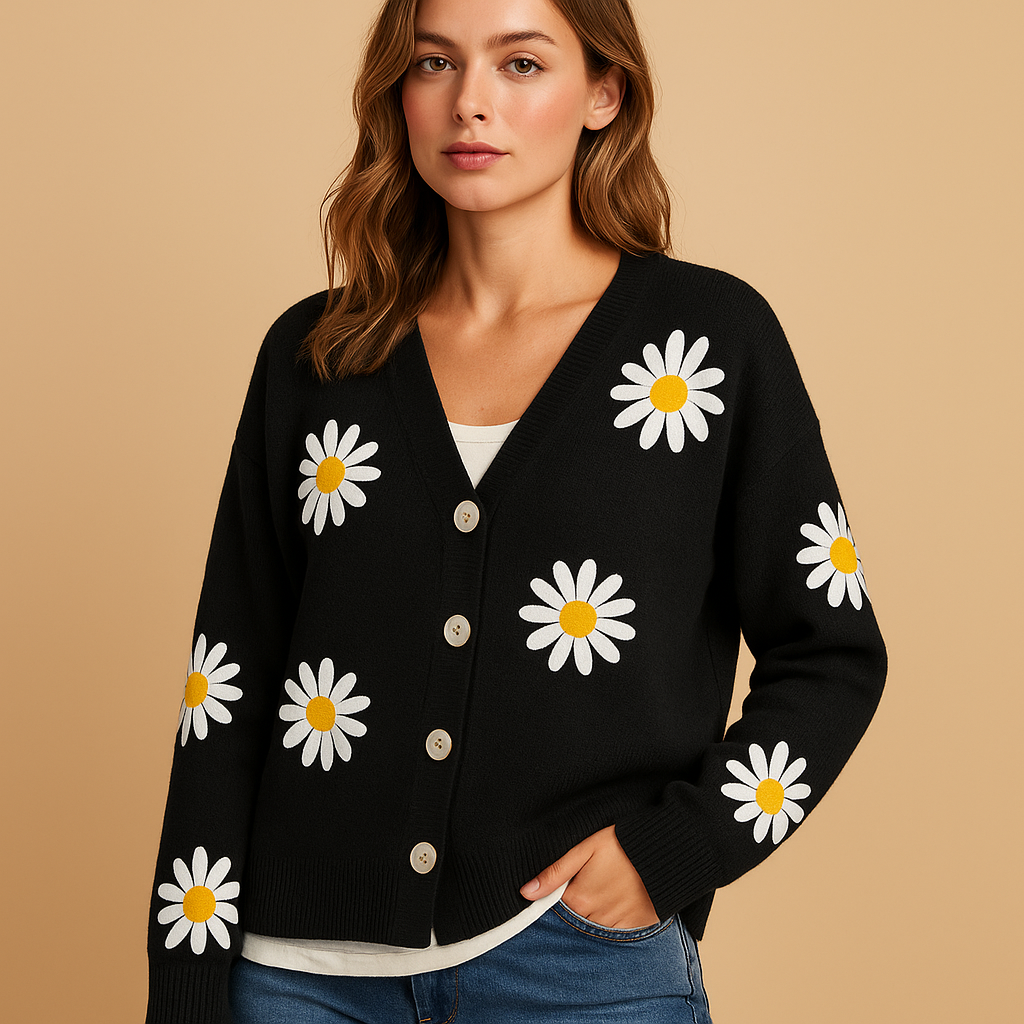 Clementine floral knit cardigan in black, front view on model